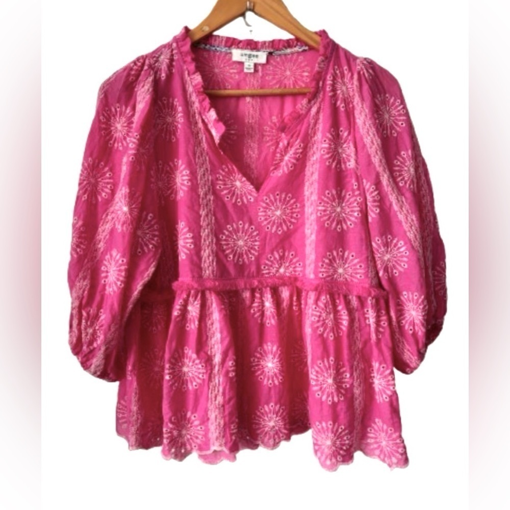 Umgee ht pnk eyelet babydll v nk 3/4 pff slv w frnge at wst  & ruffl nk tp SZ S